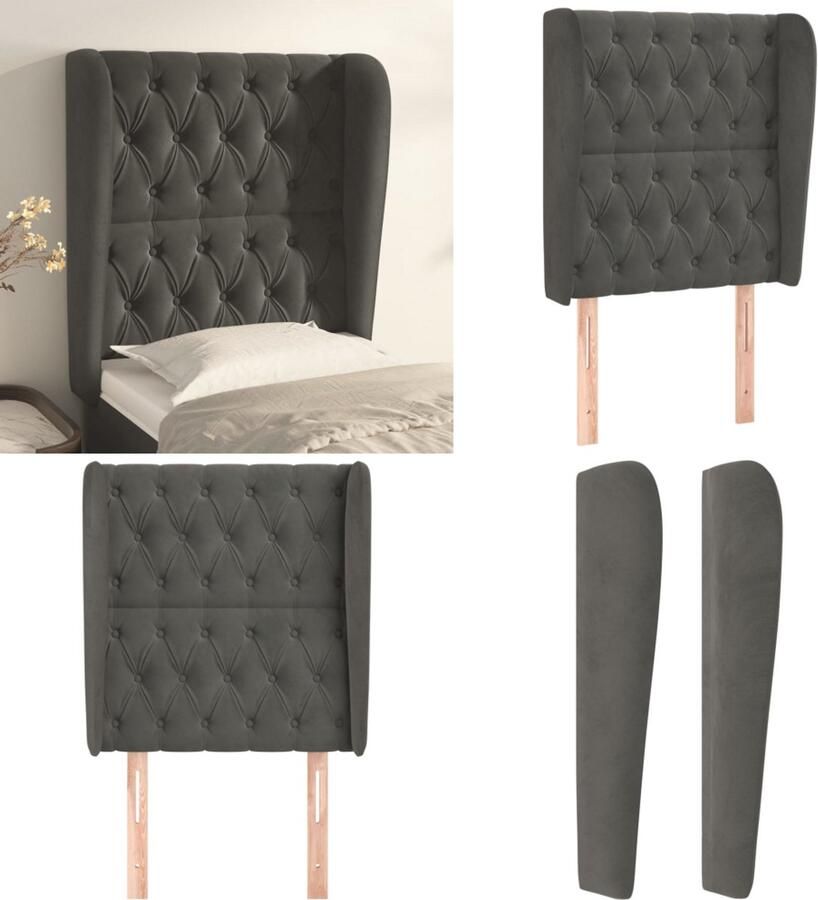 VidaXL Hoofdbord met randen 83x23x118 128 cm fluweel donkergrijs Hoofdbord Hoofdborden Hoofdeinde Houten Hoofdbord