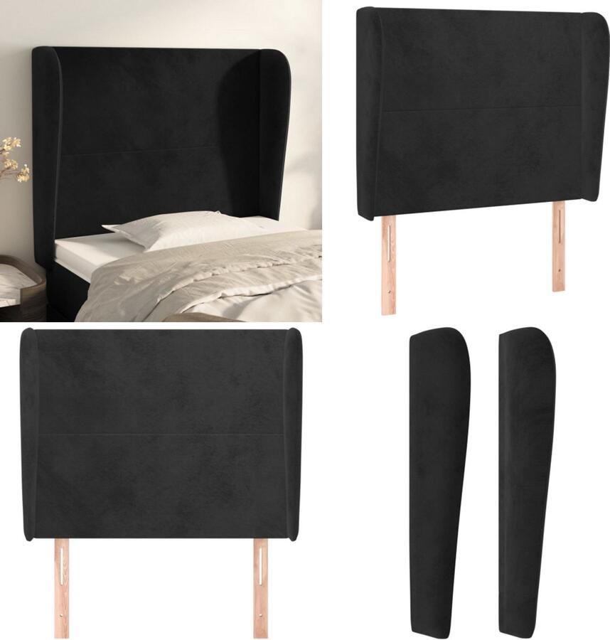 VidaXL Hoofdbord met randen 83x23x118 128 cm fluweel zwart Hoofdbord Hoofdborden Hoofdeinde Houten Hoofdbord