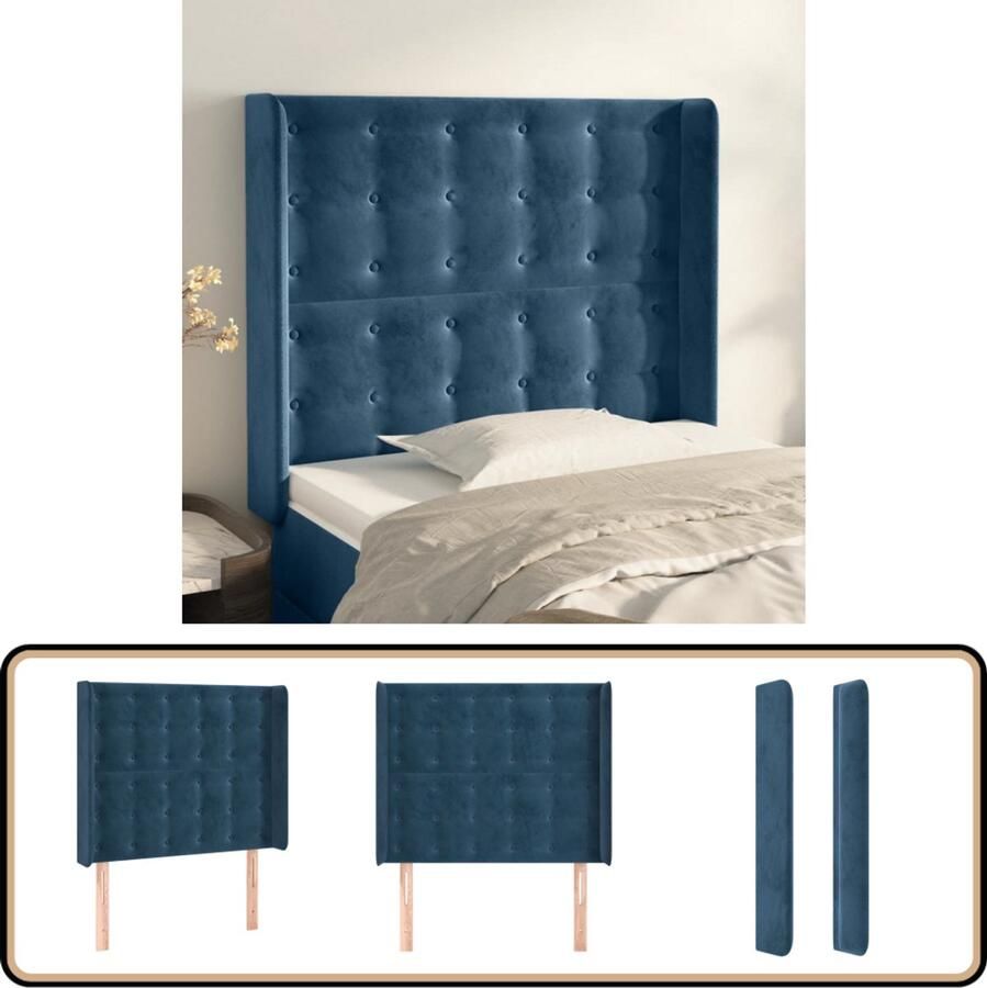 VidaXL Hoofdbord met randen 93x16x118 128 cm Fluweel Donkerblauw Hoofd Bord Beddecoratie Hoofdeinde Velvet Blauw Luxe