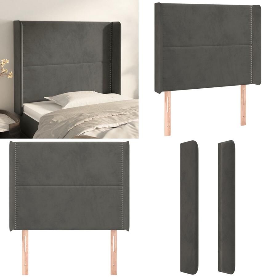 VidaXL Hoofdbord met randen 93x16x118 128 cm fluweel donkergrijs Hoofdbord Hoofdborden Hoofdeinde Houten Hoofdbord
