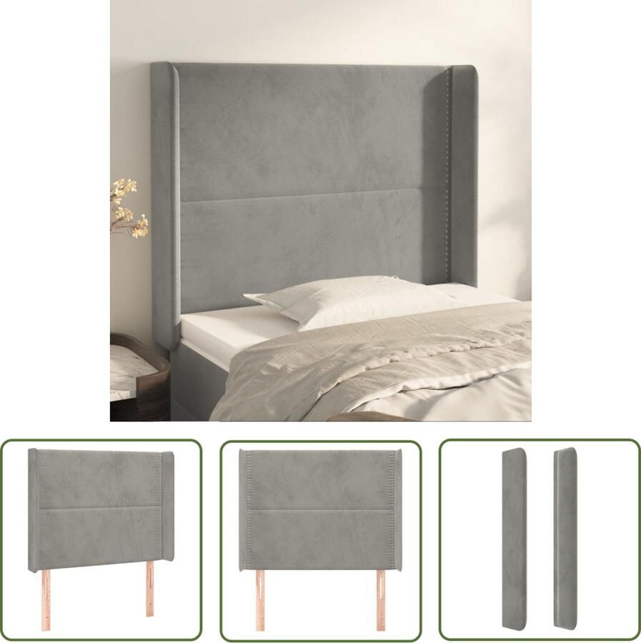 The Living Store Hoofdeind Trendy Bedombouw 93x16x118 128 cm Fluwelen stof Stevige houten poten Hoofd Bord Beddecoratie Hoofdkussen Velvet Grijs