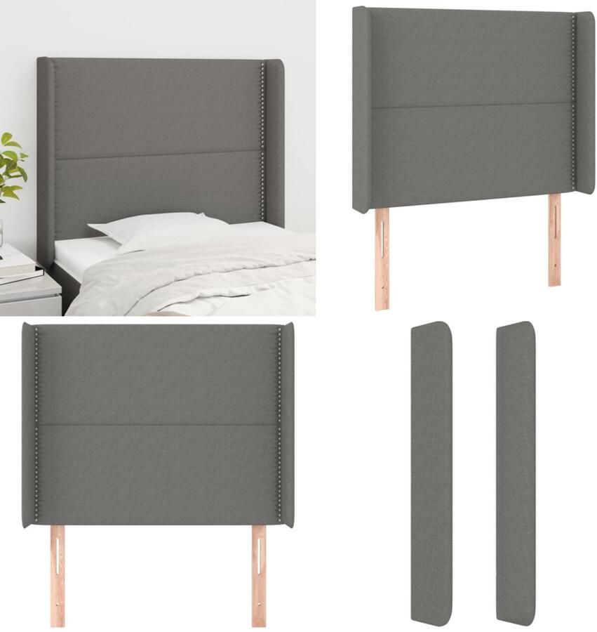 VidaXL Hoofdbord met randen 93x16x118 128 cm stof donkergrijs Hoofdbord Hoofdborden Hoofdeinde Houten Hoofdbord