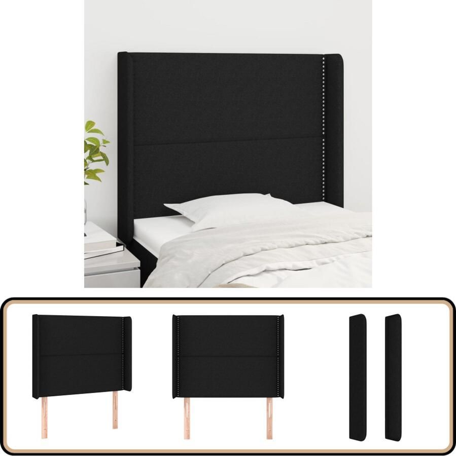 VidaXL Hoofdbord met randen 93x16x118 128 cm Zwart Hoofd Bord Hoofdeinde Beddecoratie Slaapkamers Zwarte Meubels