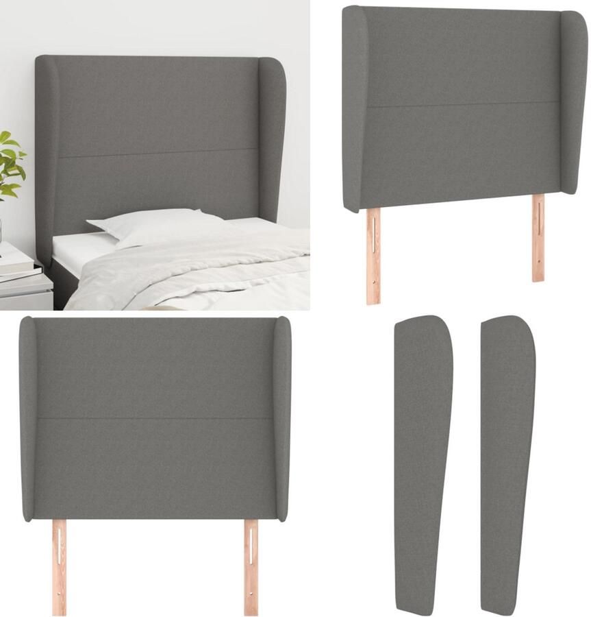 VidaXL Hoofdbord met randen 93x23x118 128 cm stof donkergrijs Hoofdbord Hoofdborden Hoofdeinde Houten Hoofdbord