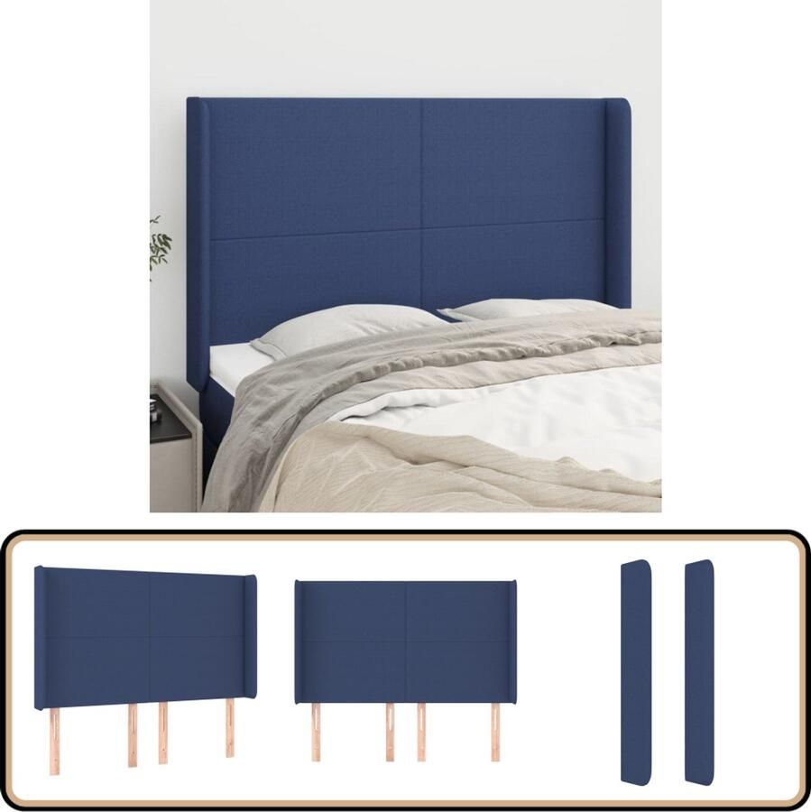VidaXL Hoofdbord met randen Blauw 147x16x118 128 cm Hoofd Bord Hoofdkussen Bed Accessoires Slaap Kamer Decoratie Blauwdruk Stoffen Hoofdborden Houten Hoofdborden