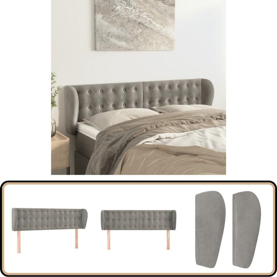 VidaXL Hoofdbord met Randen Fluweel Lichtgrijs Hoofd Bord Hoofdkussen Beddecoratie Slaap Accessoires Luxe Bed Fluweel Headboard