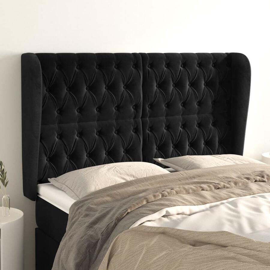 VidaXL Hoofdbord met Randen Fluweel Zwart 163 cm Hoofd Bord Hoofdkussen Beddecoratie Luxe Bed Velvet Bed Zwarte Bedbank - Foto 2
