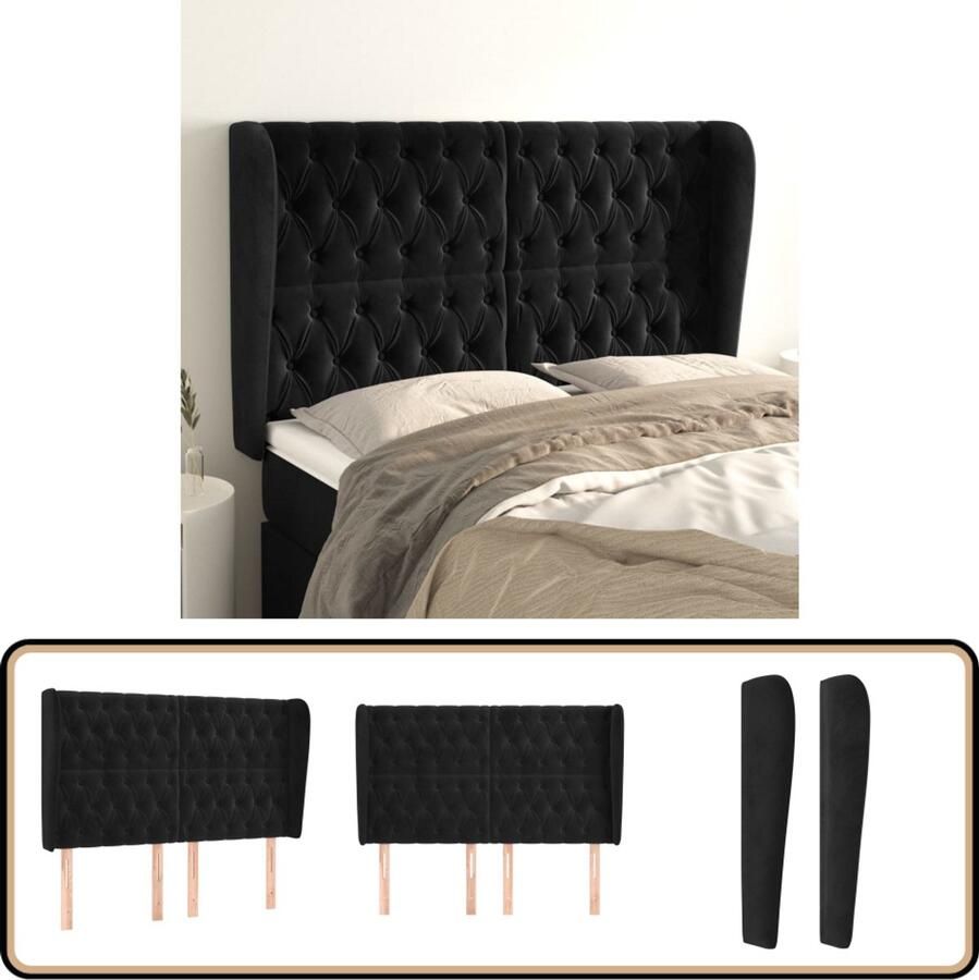 VidaXL Hoofdbord met Randen Fluweel Zwart 163 cm Hoofd Bord Hoofdkussen Beddecoratie Luxe Bed Velvet Bed Zwarte Bedbank