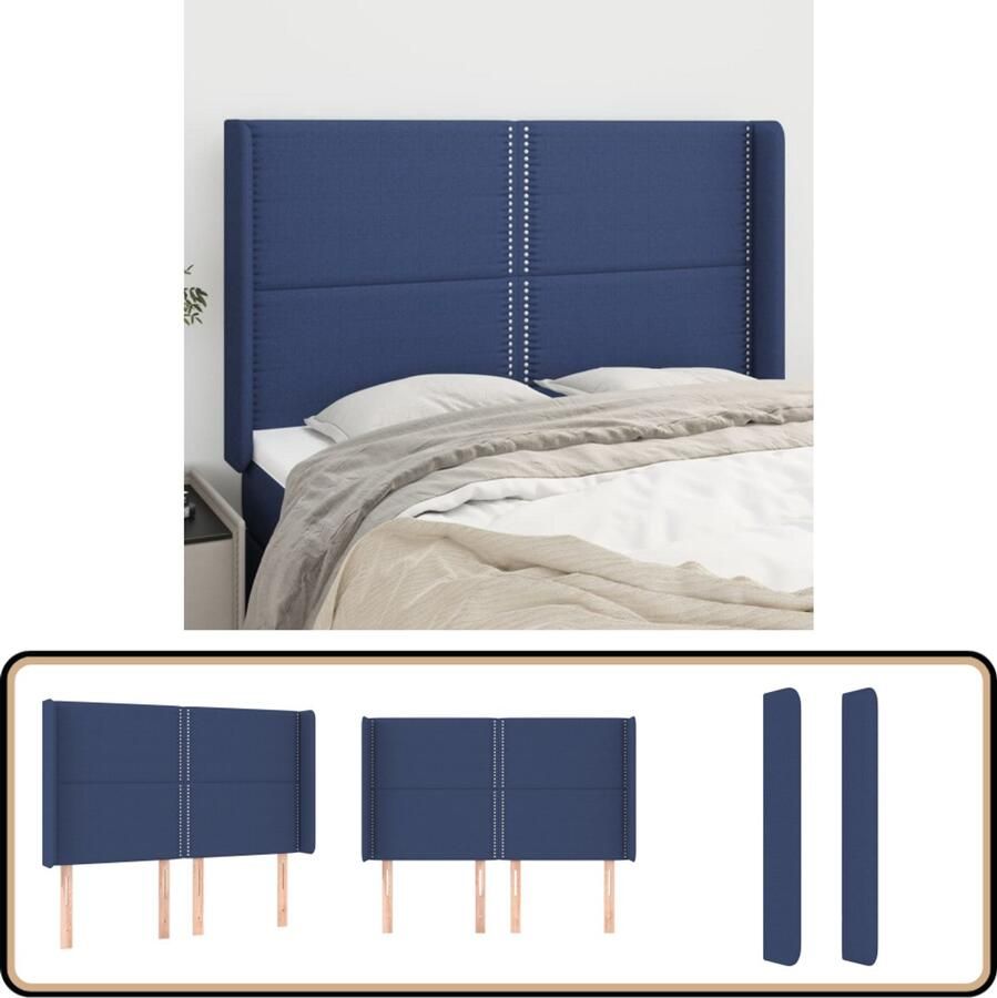 VidaXL Hoofdbord met randen stof blauw 147x118 128cm Hoofd Bord Hoofdkussen Beddecoratie Slaap Accessoires Blauwdruk Stoffen Hoofdborden Luxe Bed Ergonomisch Hoofdbord