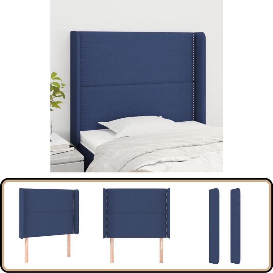 VidaXL Hoofdbord met randen Stof Blauw Hoofd Bord Hoofdkussen Bedstede Slaap Accessoires Blauwdruk Stoffen Hoofdbord Houten Poten Adjustable Height