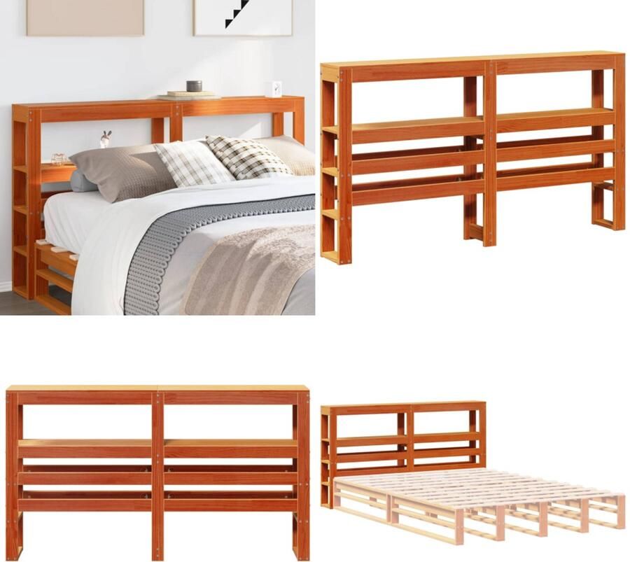 VidaXL Hoofdbord met schappen 135 cm massief grenenhout wasbruin Hoofdbord Hoofdborden Bed Hoofdbord Bedhoofdbord