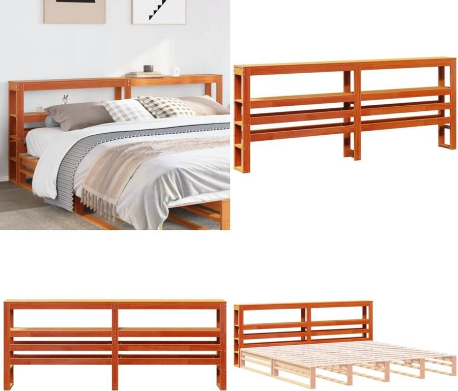 VidaXL Hoofdbord met schappen 180 cm massief grenenhout wasbruin Hoofdbord Hoofdborden Bed Hoofdbord Bedhoofdbord