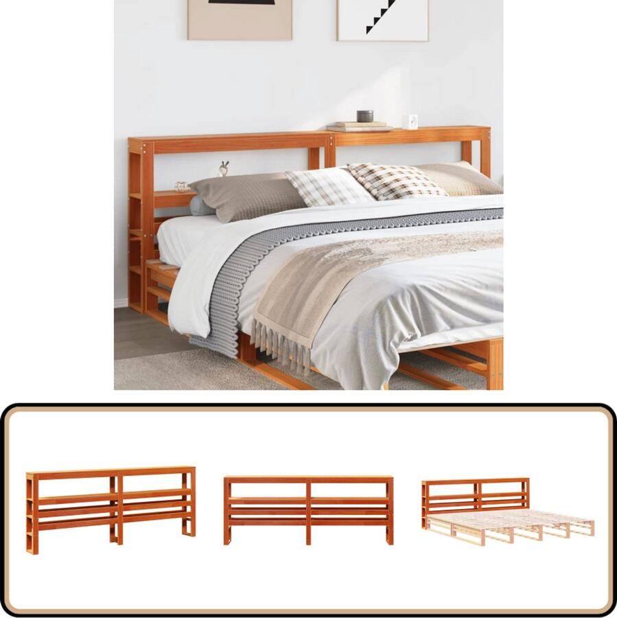 VidaXL Hoofdbord met schappen 200 cm massief grenenhout wasbruin