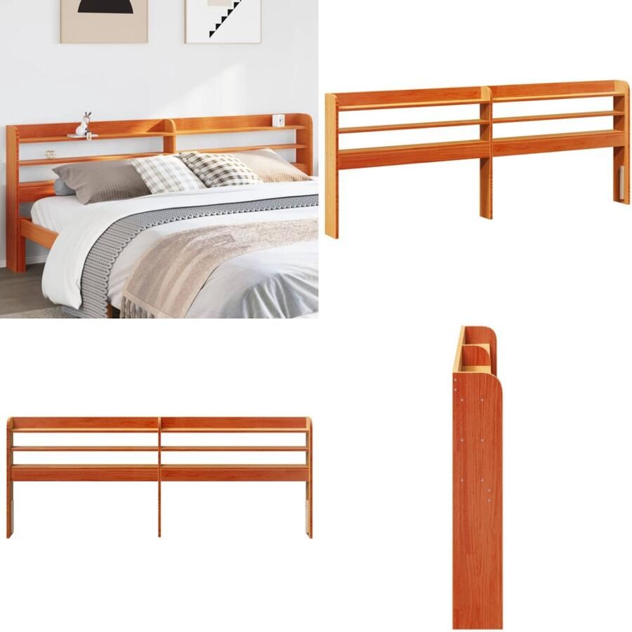 VidaXL Hoofdbord met schappen 200 cm massief grenenhout wasbruin Hoofdbord Hoofdborden Bed Hoofdbord Bedhoofdbord