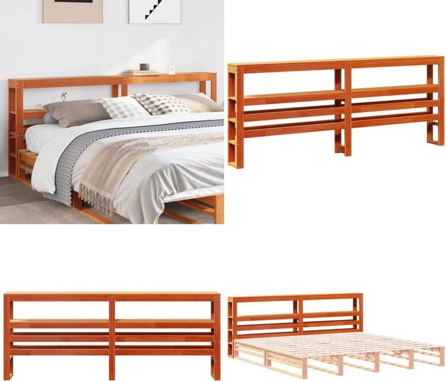 VidaXL Hoofdbord met schappen 200 cm massief grenenhout wasbruin Hoofdbord Hoofdborden Bed Hoofdbord Bedhoofdbord