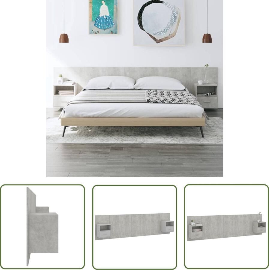 The Living Store Nachtkastje en Hoofdbord Betongrijs Hout 48.5 x 32.5 x 80 cm Opbergruimte Wandmontage Montage Vereist