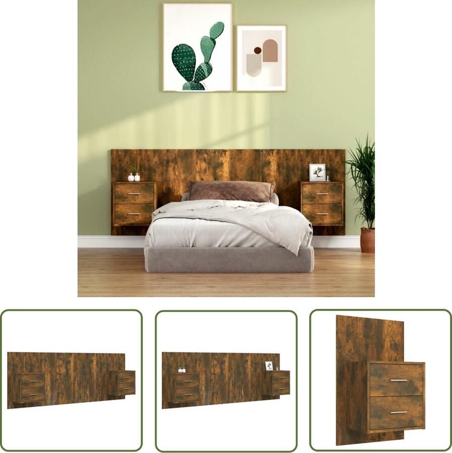 The Living Store Nachtkastje en Hoofdbordset Gerookt eiken Opbergruimte Wandmontage 48.5 x 32.5 x 80 cm Nachthastje Hoofdbord Wandmontage Gerookte Eiken Slaapkamers