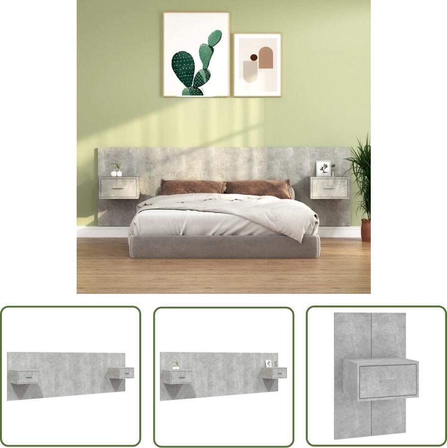 VidaXL Hoofdbord Nachthaven Hoofdbord met kastjes bewerkt hout betongrijs Wandmontage Beton Grijs Houten Meubels