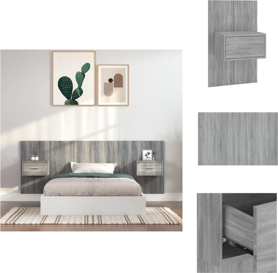 VidaXL Klassiek Hoofdbord Grijs Sonoma Eiken Wandmontage Opbergruimte Stevig Hout 48.5 x 32.5 x 80 cm Montage vereist 2 Nachtkastjes Bedonderdeel