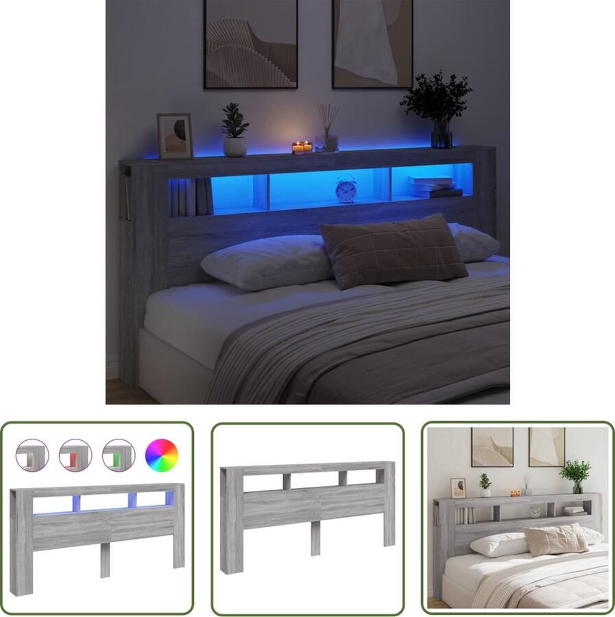 The Living Store Hoofdeinde met LED 220x18 5x103 5 cm bewerkt hout grijs sonoma Hoofd Bord Led Hoofdbord Rgb Hoofdbord Grijze Eik Houten Hoofdbord Bedroom Furniture