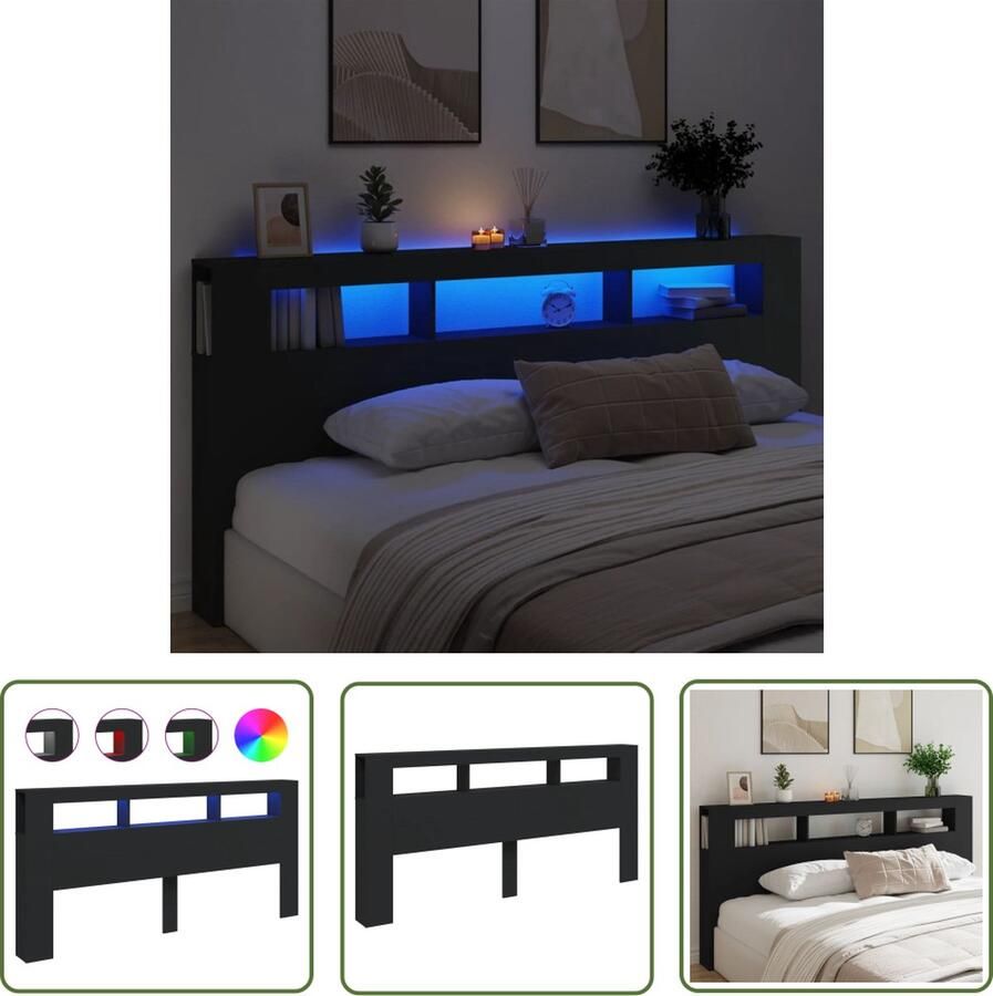 The Living Store Hoofdeinde met LED 220x18 5x103 5 cm bewerkt hout zwart Hoofd Bord Led Hoofdbord Rgb Hoofdbord Zwart Houten Hoofdbord Led Verlichting Slaapkamer