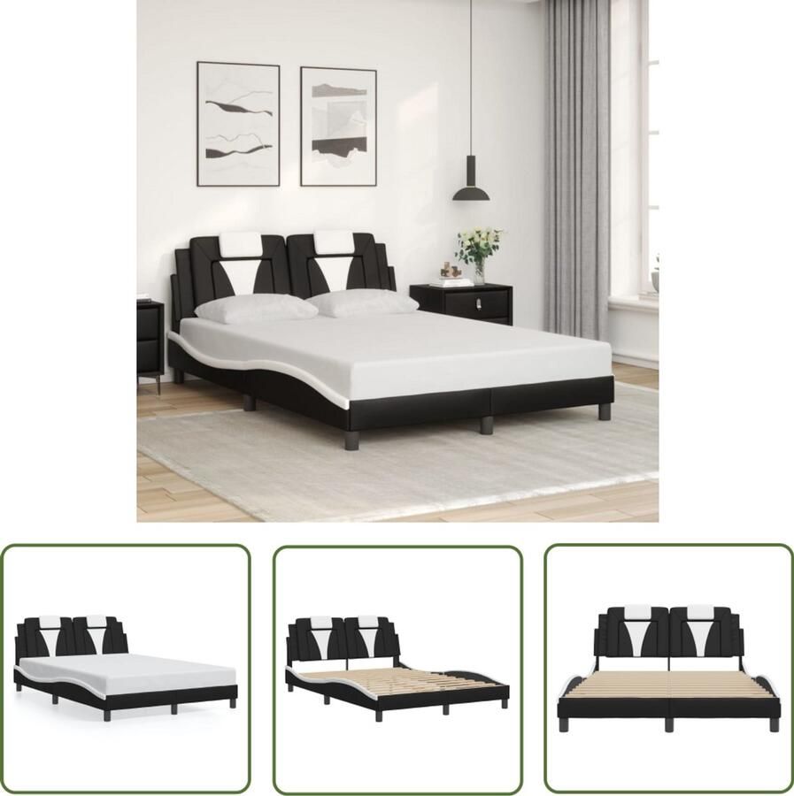VidaXL Hoofdbord Slaapcomfort Bedframe Viana zonder matras kunstleer zwart en wit 140x200 cm Kunstleder Bed Modern Bed Frame Comfortabel Bed