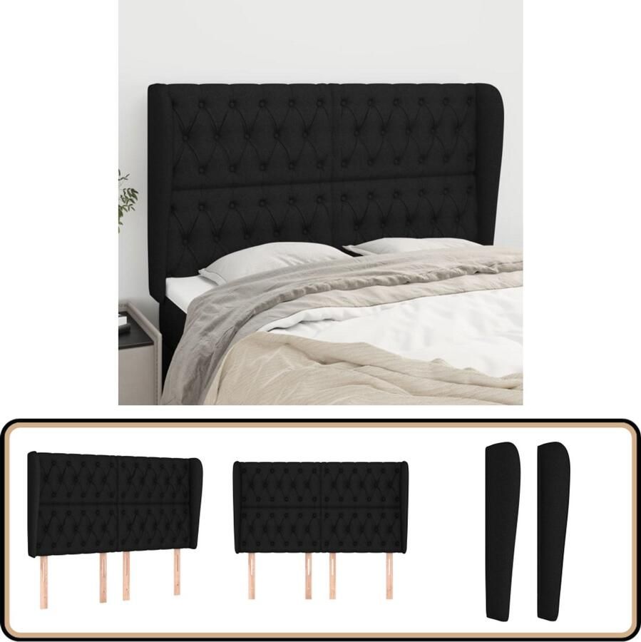 VidaXL Hoofdbord Stof 147x23x128 cm Zwart Hoofd Bord Hoofdkussen Bed Accessoires Zwarte Kamerdecoratie Stoffen Hoofdbord Comfortabel Leeshoek Tv Hoek