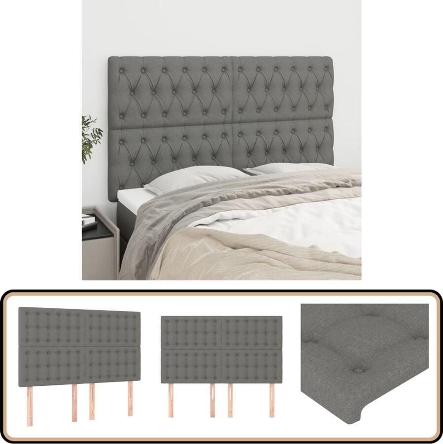 VidaXL Hoofdbord Stof Donkergrijs Set van 4 Hoofd Bord Hoofdborden Beddecoratie Stoffen Hoofdbord Grijs Hoofdbord
