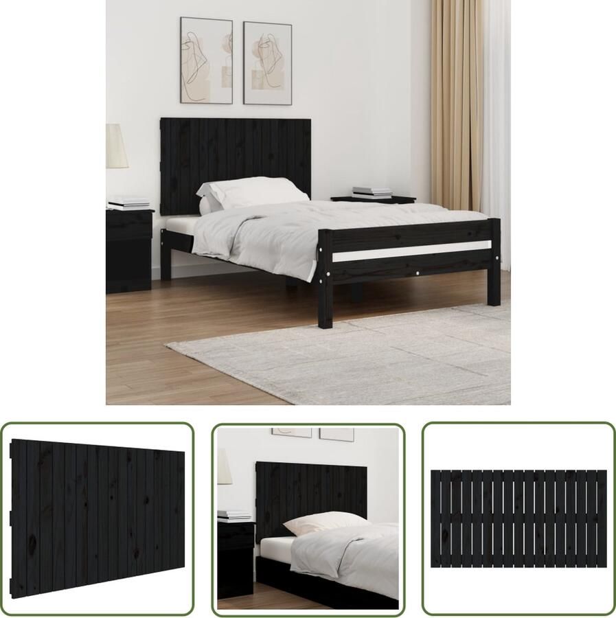 The Living Store Wandhoofdbord 108x3x60 cm massief grenenhout zwart Wandhoofdbord Hoofdbord Headboard Grenenhout Hout