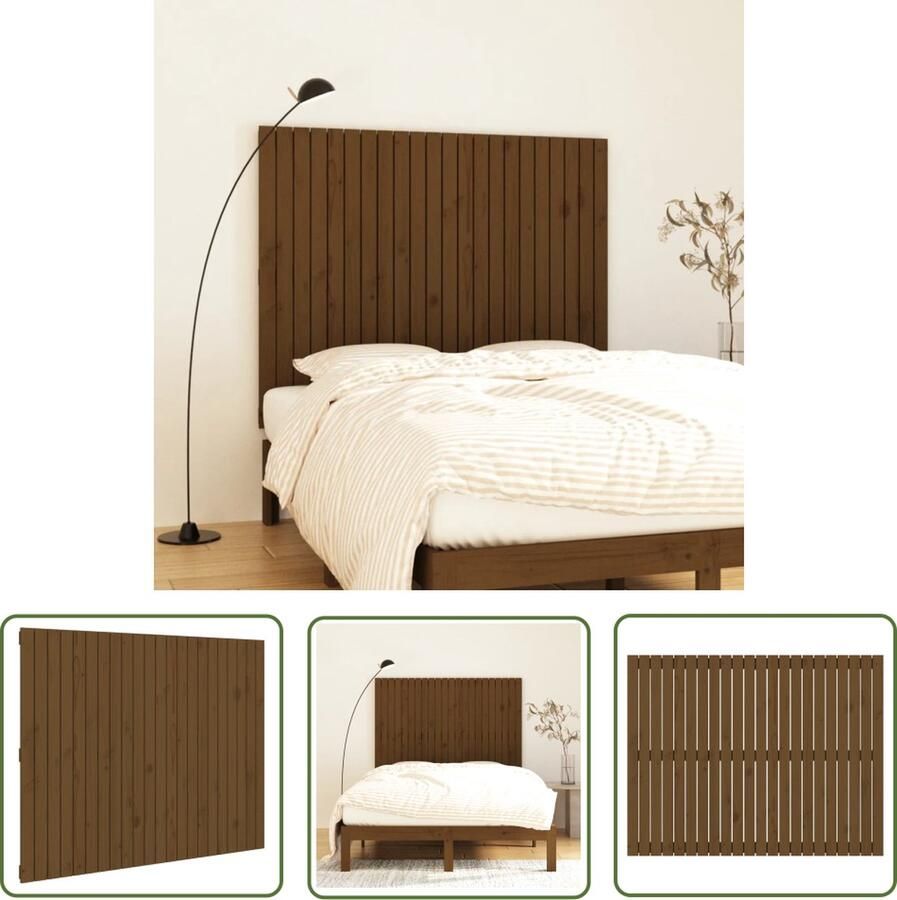 The Living Store Wandhoofdbord 140x3x110 cm massief grenenhout honingbruin Wandhoofdbord Hoofdbord Grenenhout Hout Bruine Meubels