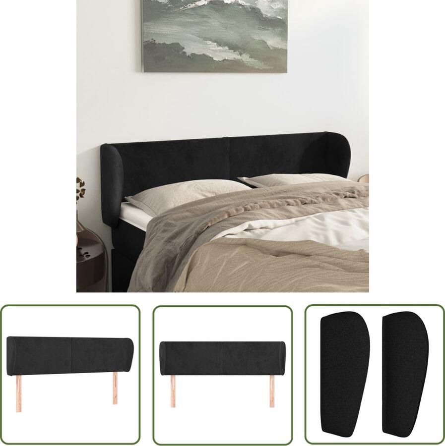 The Living Store Hoofdend Zwart 147 x 23 x 78 88 cm Fluweel Houten poten Hoofd Bord Hoofdbord Zwart Fluweel Hoofdbord Beddecoratie Slaap Kamer Decoratie