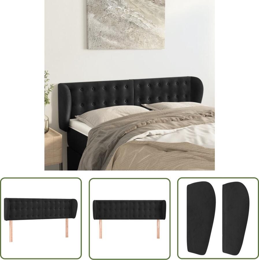 The Living Store Hoofdeind Classic Zwart 147 x 23 x 78 88 cm Fluwelen stof Stevige houten poten Hoofd Bord Hoofdbord Zwart Velvet Hoofdbord Beddecoratie Slaapkamerstijl