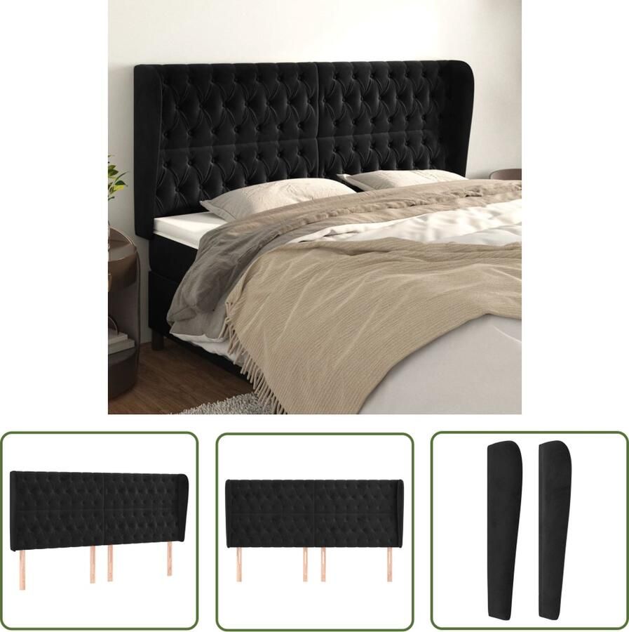The Living Store Hoofdbord met randen 183x23x118 128 cm fluweel zwart Hoofd Bord Hoofdbord Zwart Velvet Hoofdbord Beddecoratie Slaapkamers Decoratie