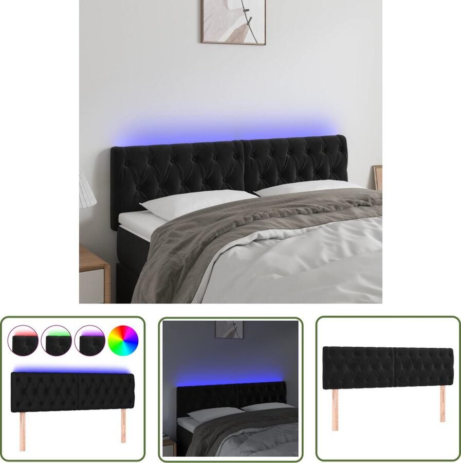 The Living Store Hoofdbord LED 144x7x78 88 cm fluweel zwart Hoofd Bord Led Hoofdbord Zwart Velvet Hoofdbord Met Verlichting Leeshoek Verhogen