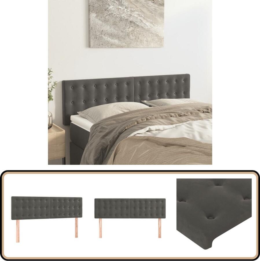 VidaXL Hoofdborden 2 stuks Donkergrijs Fluweel Hoofd Bord Hoofdkussen Beddecoratie Klassiek Design Velvet Grijs Tweepersoonsbed