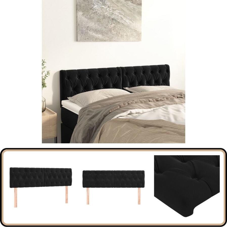 VidaXL Hoofdborden 2 stuks Fluweel Zwart 72x88 cm Hoofd Bord Hoofdkussen Bed Accessoires Zwarte Kamerdecoratie Velvet Meubilair
