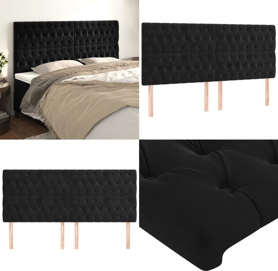 VidaXL Hoofdborden 4 st 100x7x78 88 cm fluweel zwart Hoofdbord Hoofdborden Hoofdeinde Houten Hoofdbord