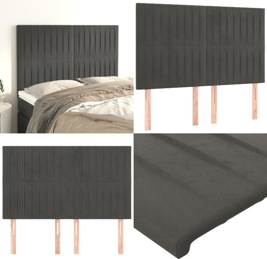VidaXL Hoofdborden 4 st 72x5x78 88 cm fluweel donkergrijs Hoofdbord Hoofdborden Hoofdeinde Houten Hoofdbord