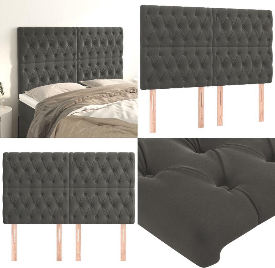 VidaXL Hoofdborden 4 st 72x7x78 88 cm fluweel donkergrijs Hoofdbord Hoofdborden Hoofdeinde Houten Hoofdbord