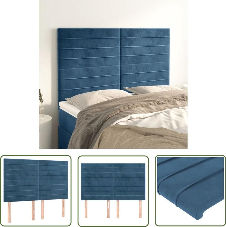VidaXL Hoofdborden 4 stuks Fluweel Donkerblauw Hoofd Bord Hoofdkussen Beddengoed Slaap Accessoires Luxe Bed Velvet Headboard Blauw Bed Kamer Decor