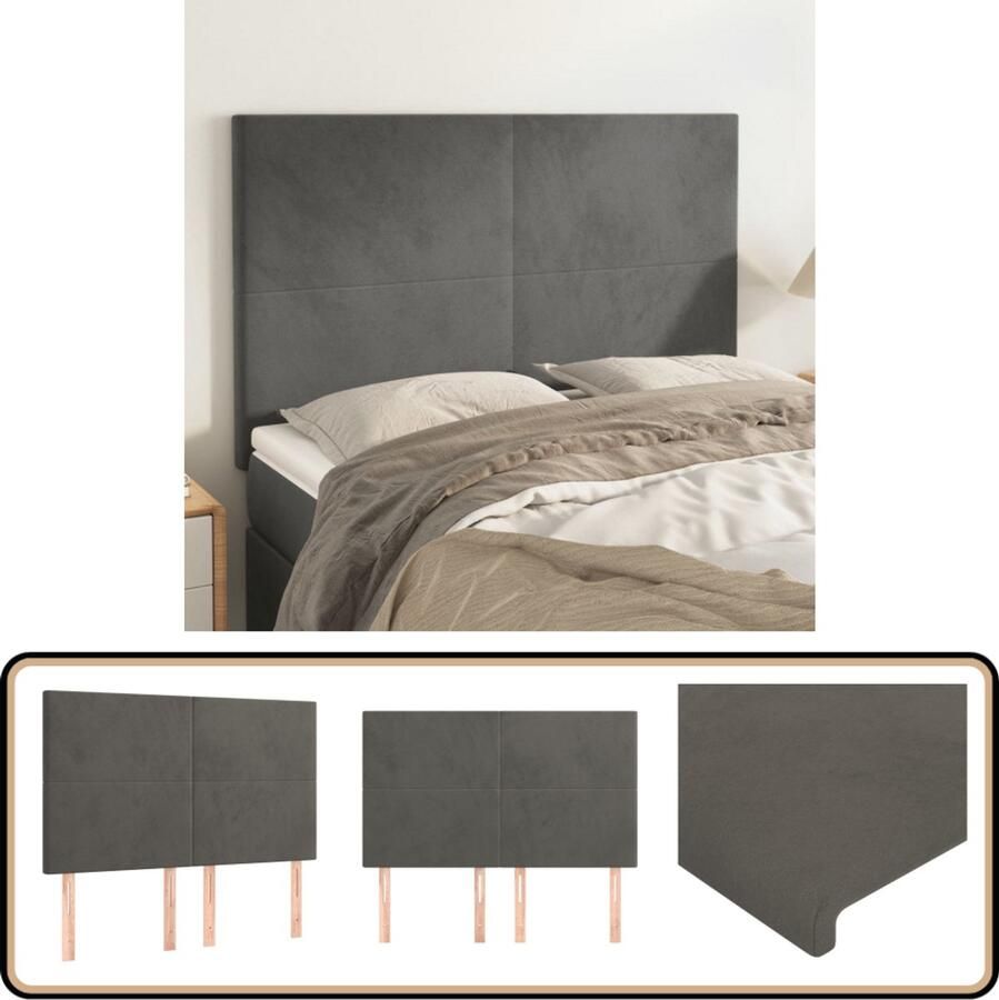 VidaXL Hoofdborden 4 stuks Fluweel Donkergrijs Hoofd Bord Hoofdeinde Bed Accessoires Velvet Grijs - Foto 2