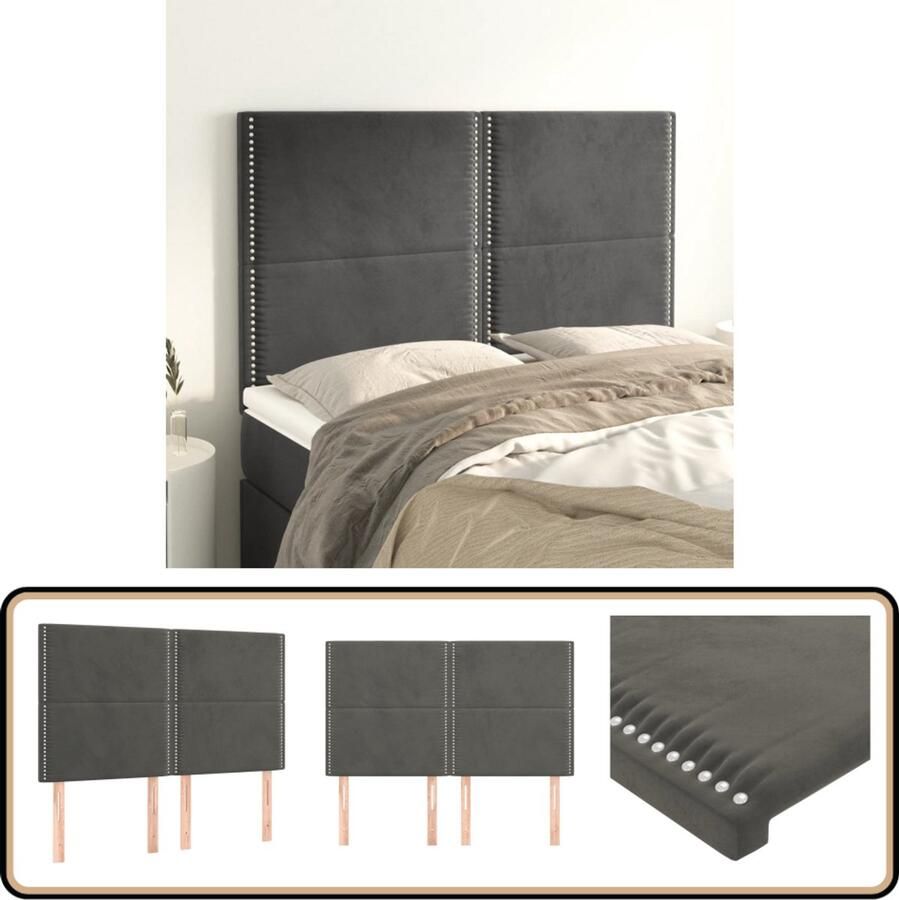 VidaXL Hoofdborden 4 stuks Fluweel Donkergrijs Hoofd Bord Hoofdeinde Velvet Grijs Bed Accessoires Bedroom Decor