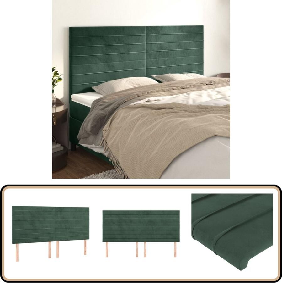 VidaXL Hoofdborden 4 stuks Fluweel Donkergroen Hoofd Bord Hoofdkussen Velvet Donkere Kleuren Slaapkamer Decoratie Tweepersoonsbed Stapelmatras