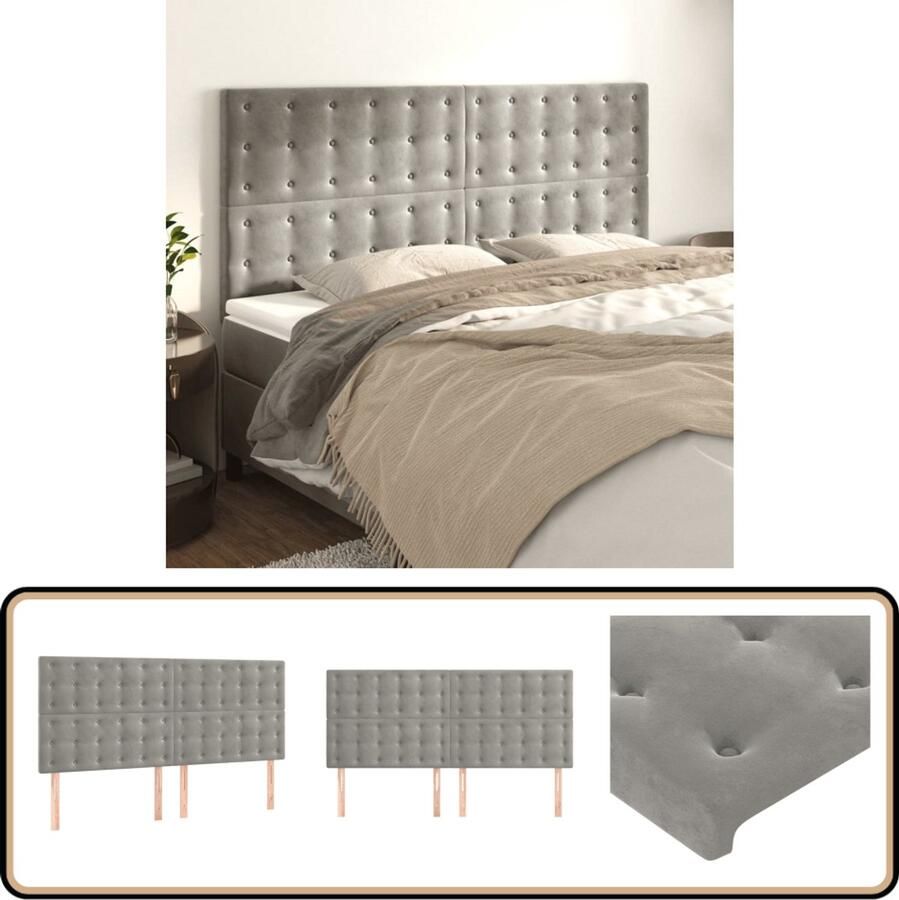 VidaXL Hoofdborden 4 stuks Fluweel Lichtgrijs Hoofd Bord Bedhoofdbord Velvet Hoofdbord Grijs Hoofdbord Luxe Hoofdbord Slaap Accessoires