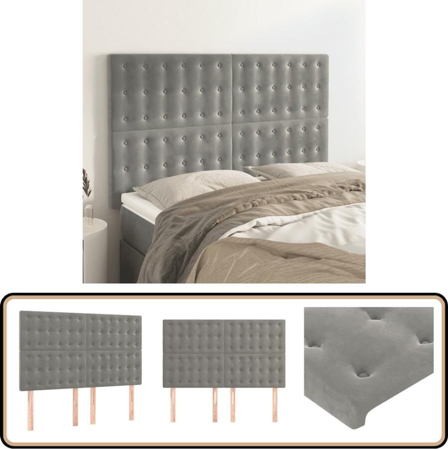 VidaXL Hoofdborden 4 stuks Fluweel Lichtgrijs Hoofd Bord Hoofdkussen Bedkleden Slaap Accessoires Luxe Bedding Velvet Headboard Grijs Interieur Kamer Decor