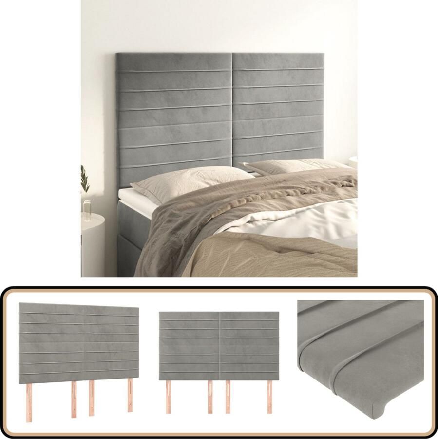 VidaXL Hoofdborden 4 stuks Fluweel Lichtgrijs Hoofd Bord Hoofdkussen Tweepersoonsbed Luxe Bed Velvet Bed Grijs Bed Slaap Accessoires