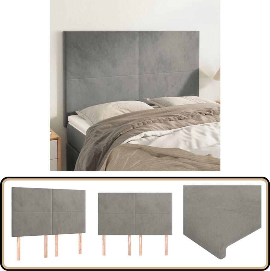 VidaXL Hoofdborden 4 stuks Fluweel Lichtgrijs Hoofd Bord Hoofdkussen Velvet Grijs Tweepersoonsbed King Size Bed Stapelbed