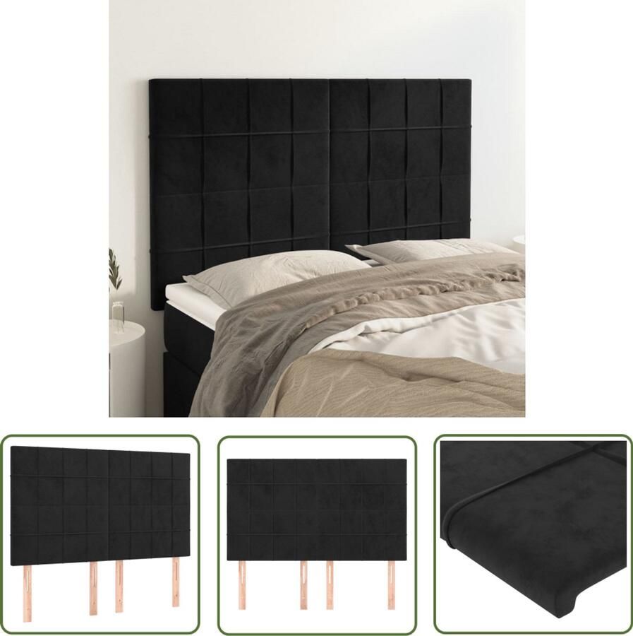 VidaXL Hoofdborden 4 stuks Fluweel Zwart Hoofd Bord Hoofdkussen Bedkleden Slaap Accessoires Zwarte Kamerdecoratie Luxe Bedding
