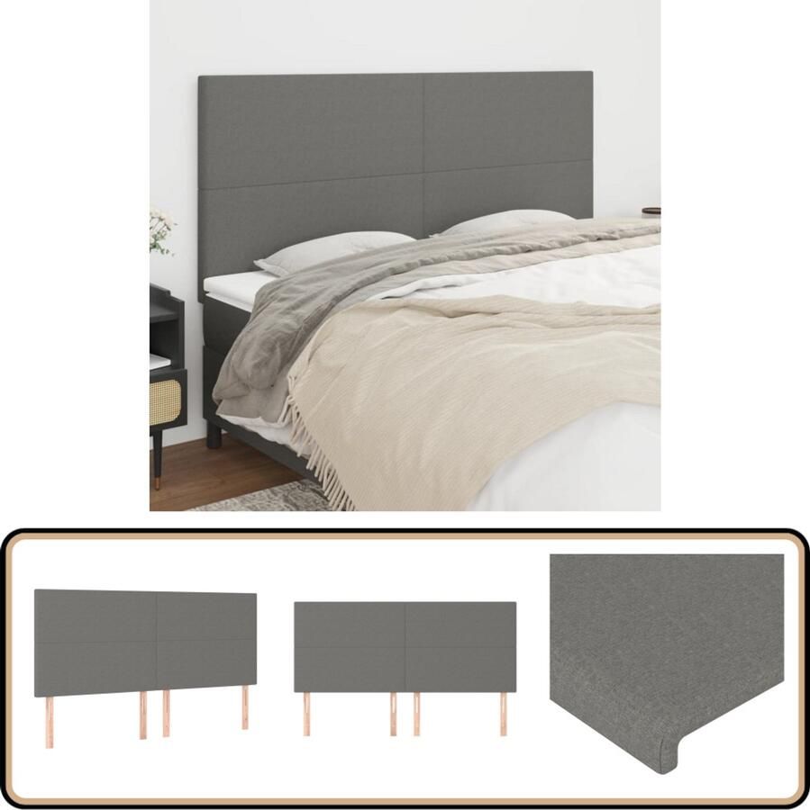 VidaXL Hoofdborden Set van 4 Stof Donkergrijs Hoofd Bord Hoofdkussen Bedkleden Bedroom Decor Slaap Accessoires