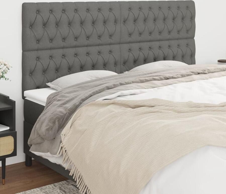 VidaXL Hoofdborden 4 stuks Stof Donkergrijs Hoofd Bord Hoofdeinde Bed Accessoires Donkere Grijze Kleur Stoffen Hoofdbord Comfortabel Ergonomisch Leeshoek - Foto 2